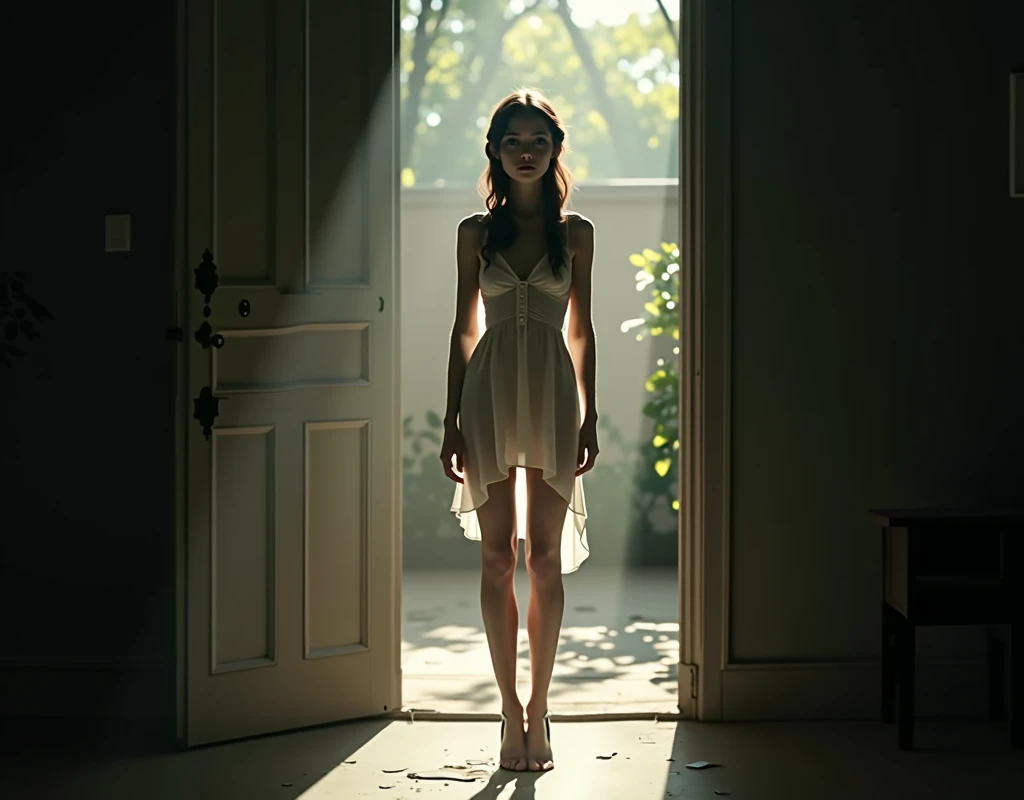 Front view. A young brunette about 18 years old looks at us, her mature female figure enters the doorway facing us, her figure brightly illuminated by the soft light that emphasizes her youthful beauty and grace. The sun shines through her dress, making it...