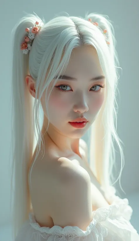 korean woman with white hair, twin high ponytails, topless