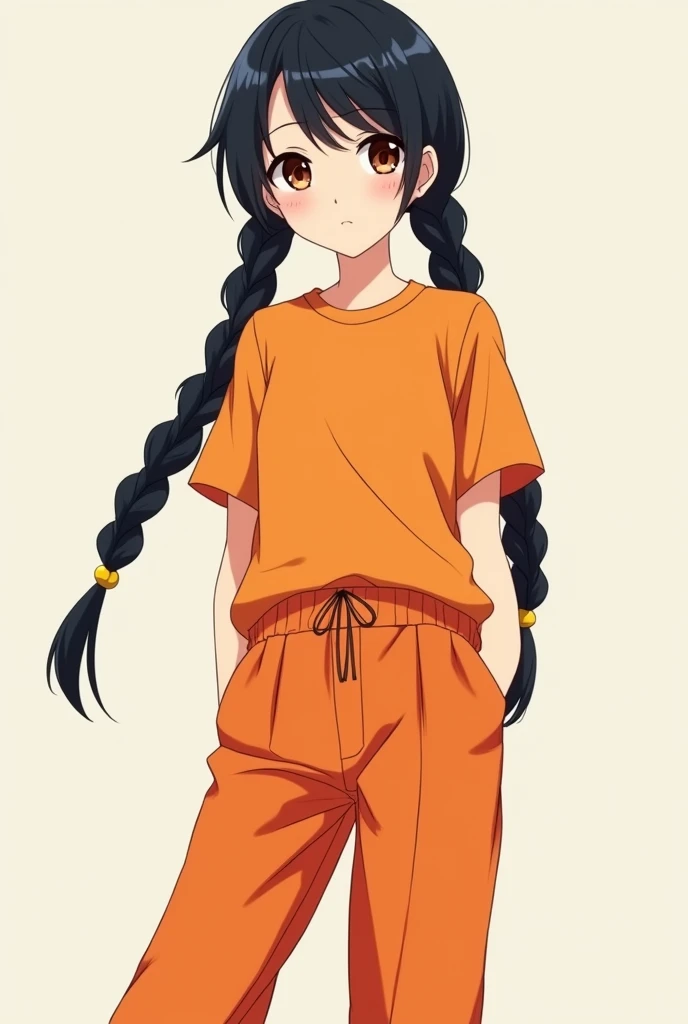 black hair in lower braided twintails, pale skin, dark brown eyes wears Orange T-shirt and loose orange pants, white shoes anime adult girl