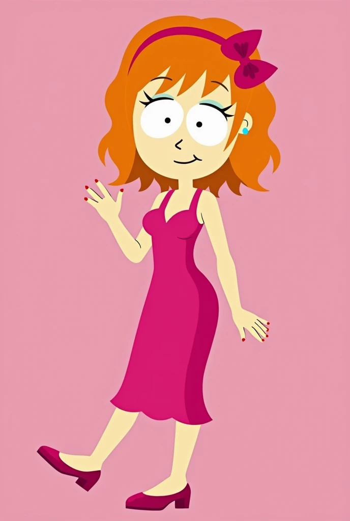 I want you to create a female character with similar proportions to the characters in the South Park animation universe. She has orange-blond hair, ribbon accessories, well-formed nails, and dresses predominantly in pink. She is fit.