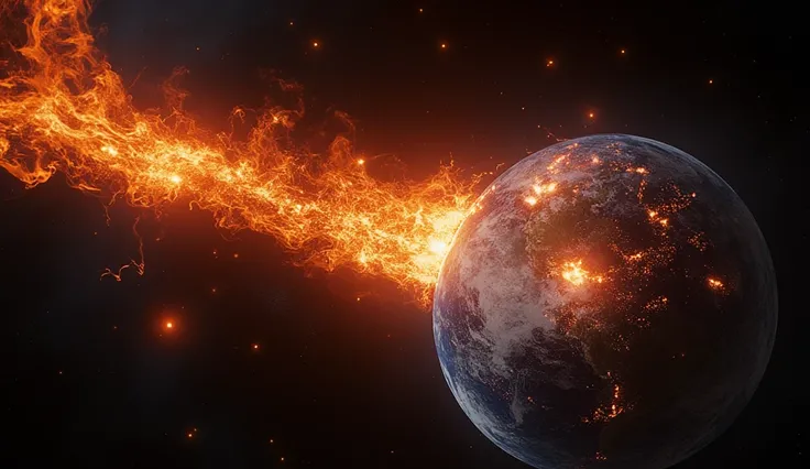 Planet earth. A view from space. d A terrifying, infernal flame-burning demonic blade is thrust into it. Armageddon. The end of the world, horror. The planet is on fire