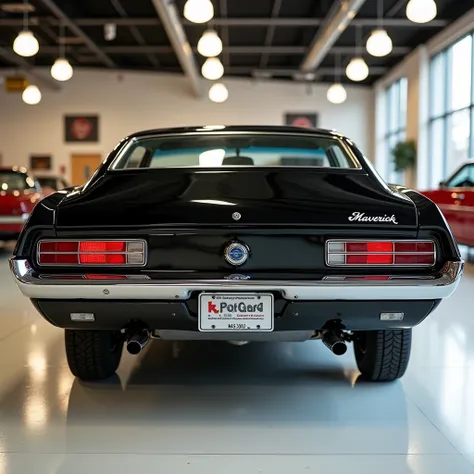 Close back view of a classic Ford Maverick, painted in a glossy black color, displayed in a vintage-themed bright showroom with a polished white floor. The car showcases its iconic 1970s design, featuring rectangular taillights framed in chrome, emphasizin...