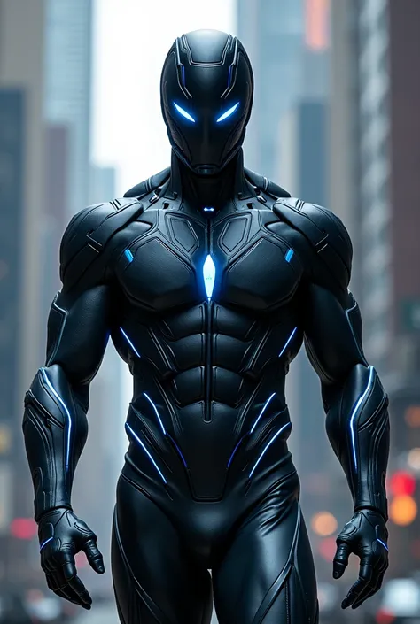 56" black and midnight blue hero suit with strips and designs of light blue lights