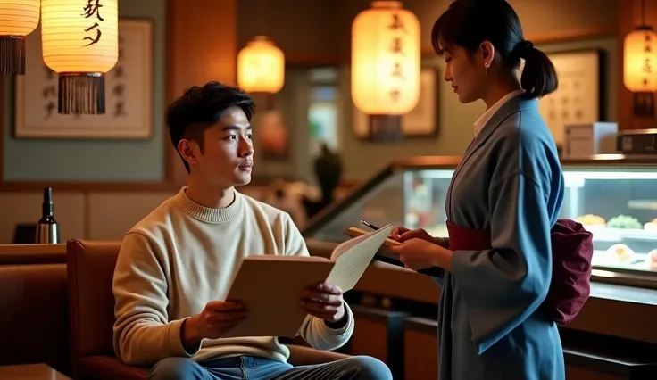 an elegant Japanese restaurant setting with warm ambient lighting and traditional decor. A seated Asian man, dressed casually in a beige sweater and jeans, is holding a menu while contemplating his order. His expression suggests thoughtful deliberation. St...