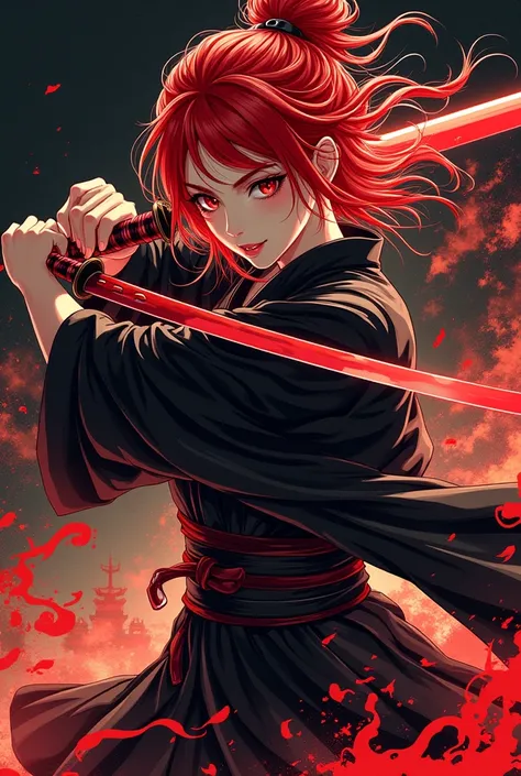 Manga style with red hair, a little bit of black, red eyes, a bright red katana, a kimono with red flames and the rest in black and a Japanese background, and sex