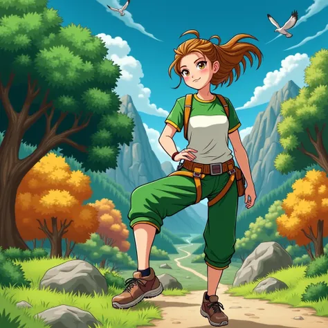   Place this beautiful girl climbing a mountain,  with harness and climbing straps ,  a mountain with a beautiful view , blue sky,   some flying bird and green trees  ,  leave her face and hair like ,  change her clothes and climbing shoes 