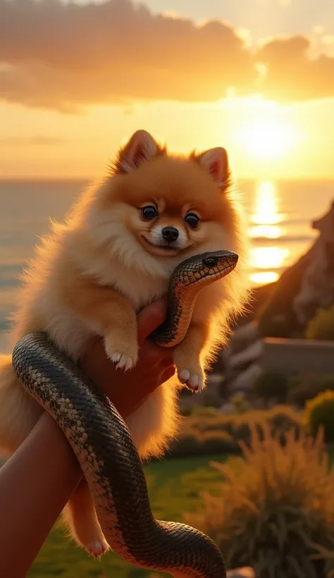 A hyper-realistic scene in a quaint seaside backyard with a view of the ocean under a brilliant sunset. In the foreground, a tiny Pomeranian with fluffy golden fur is held aloft by a large snake, its body constricted tightly in the predator’s powerful grip...