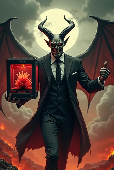 Advertising poster of A devil with a 3d printer in his hands 