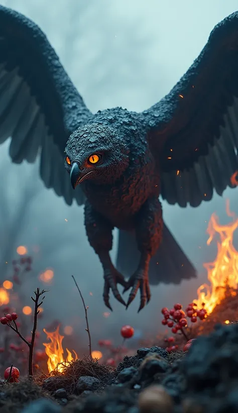 A horrifying bird-shaped creature shaped like the letter V, made from molten rock and ash. Its erratic eyes flicker between glowing amber and icy blue, shifting constantly in their intensity. The vulture soars through a burned landscape, where smoldering h...