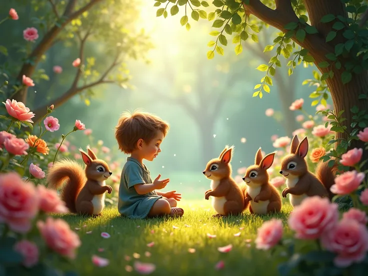  talking to squirrels, owls, rabbits in flower garden