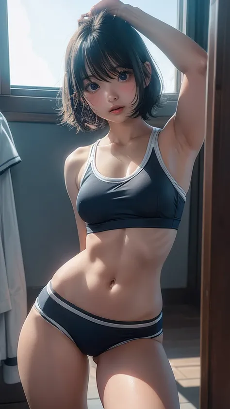 ((( very cute girl)))、Sports underwear、 bob cut、 underbust pose