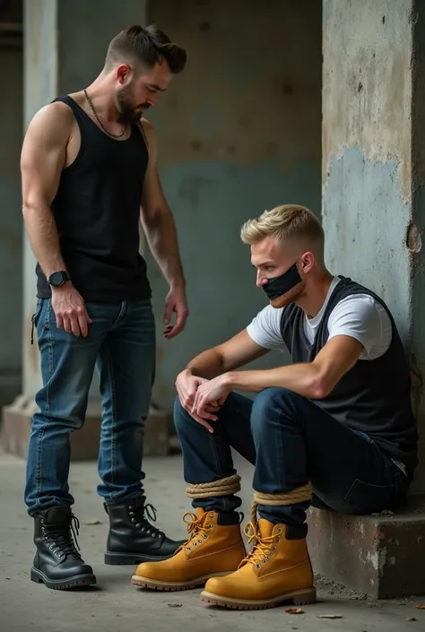 A nordic man dressing black tactical boots, jeans and black singlet has tied up a blond man dressing yellow Timberland boots, jeans and white t-shirt from his legs and hands with rope and taped his mouth with black tape and put him sitting to a corneri n a...