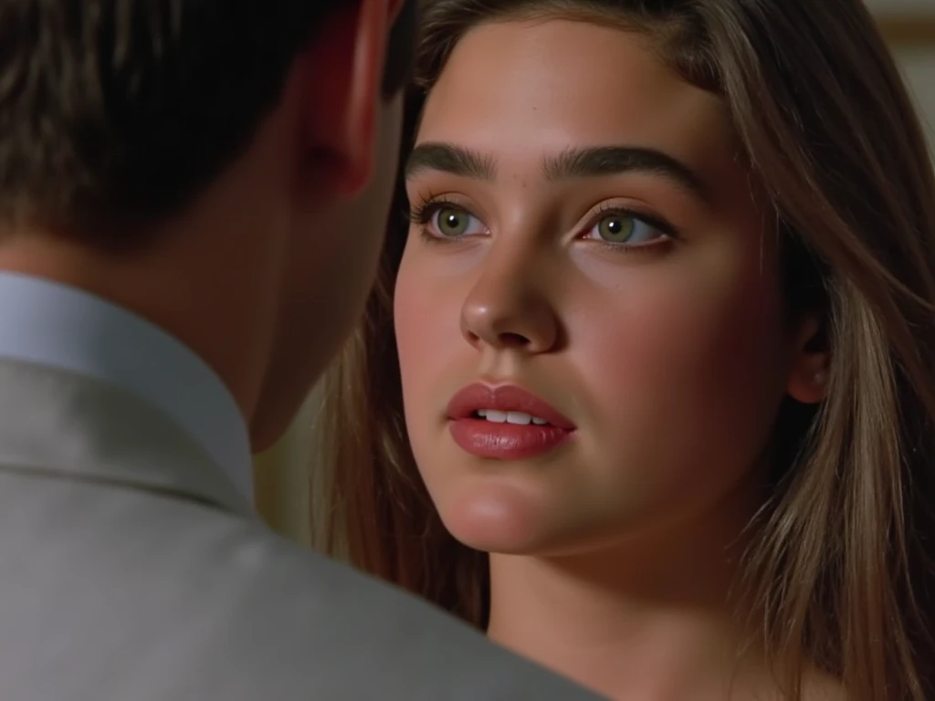 The beautiful teenage movie star jennifer connelly is in a state of hypnosis by her lover.,
At her age 18,
she looks to feel dreamy with her eyes half-closed in euphoria and with her mouth subtly opened.,