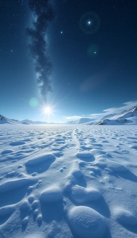 a close up of a snow covered field with a sky full of stars, a matte painting inspired by Christopher Balaskas, tumblr, space art, magnificent background, alien breathtaking landscape, epic beautiful space scifi, beautiful alien landscape, surreal space, e...