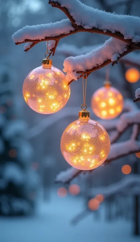 Create a beautiful winter scene with glowing Christmas baubles hanging from snow-covered branches. The ornaments should have a soft, glowing light, creating a warm, festive atmosphere against a cold snowy background