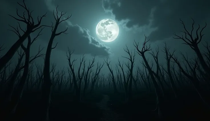 Creepy image of a sugarcane field on a full moon with many trees in a dark and terrifying sky 