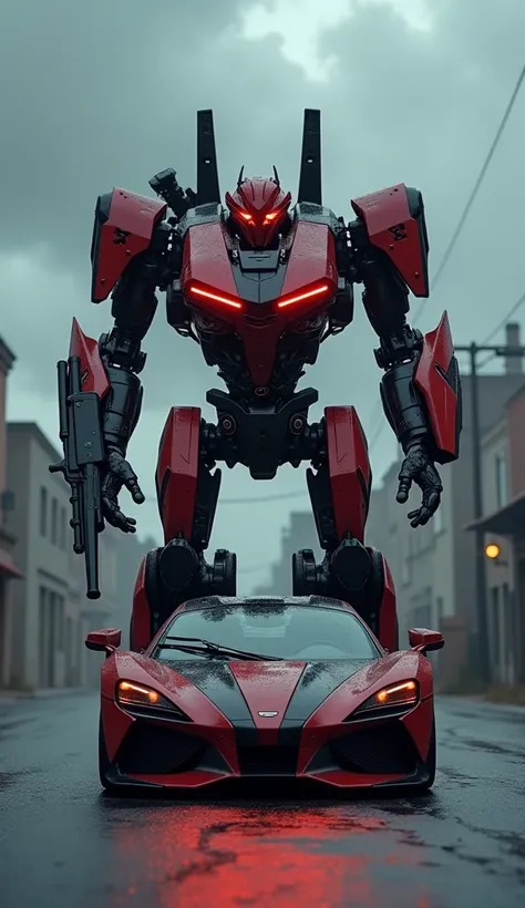 Create an image of the war-modified car from the previous scene transforming into a powerful war robot, ready for battle. The robot retains the striking combination of red and black colors and the menacing appearance of the car. The transformation takes pl...