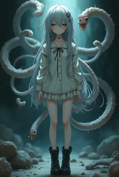    1 young petite girl , （ Japanese anime style）、Gray Hair、（Grotesque tentacles） 、 High Quality 、 full body view、（（Sex slave））、（（（Big Breasts）））,（（Tentacle Suit））、（（ bondage suit））、（ platform boots）、Stiletto heels、 thigh high boots 、（（ perfect finger））、（（p...