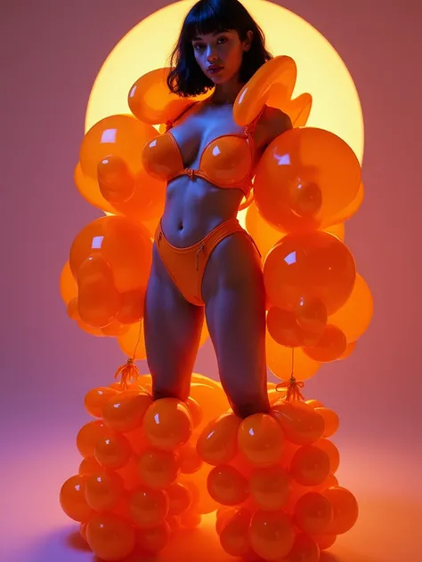 objective: (), neon orange, HyperAss Women, Milf, small , Big Ass, Sexy, Hot, short hair, very short (rococo) hair, Short clothes. with lots of bio-translucent violet and yellow inflatable parts and and puffy sleeves, Dua Lipa as Megan thee Stallion as Vix...