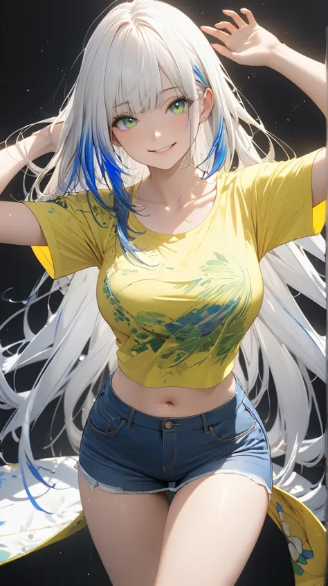 semi realistic, Masterpiece, Master work, perfect , 4k, 1woman, slender body, big size breast, straight shoulder-length hair, flat Bangs hair style, white colored hair, (((blue streaks - white hair))), bright green eyes, light smile expression face, wearin...