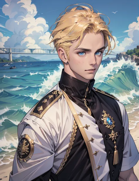 (masterpiece, best quality), 1 male, mature, aged up:1.4, tall muscular guy, broad shoulders, finely detailed eyes and detailed face, extremely detailed CG unity 8k wallpaper, intricate details, Fantasy, royal, nobleman, Admiral, short hair, blonde hair, b...