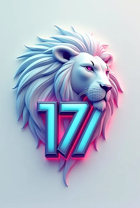  Make me a logo that includes only 2 elements :  a number 17 and an imposing lion that looks pretty but strong, What is white ,  17 with 3d letters and uses a neon style in the number ,  the strong but attractive lion .  Let the number be in a font that lo...