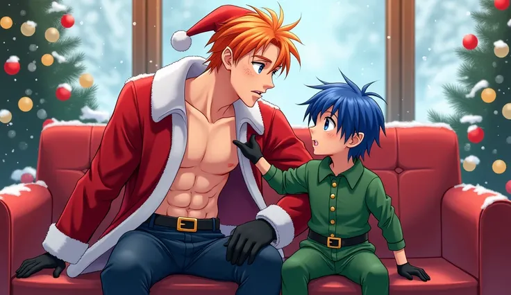 Two male teenagers and the one on the left is taller have orange hair shaved on both sides he has freckles white eyes he is wearing a Santa Claus hat an open red Santa Claus coat showing his six-pack He is shirtless he wears black gloves belt and Santa Cla...