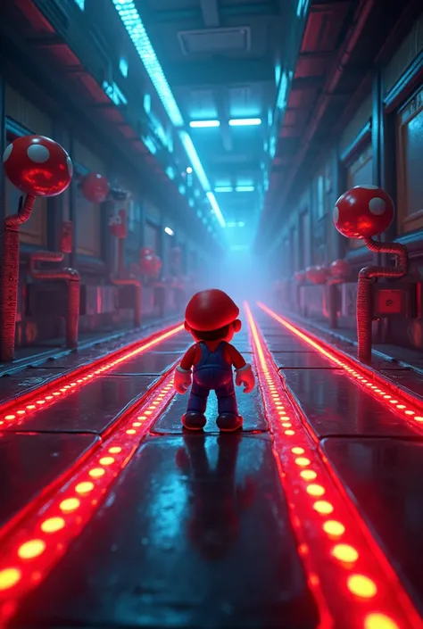 Parcours du combatant avec des Trampoling,  Mario, des Laser  Dans une pièce sombre avec des effets lumineux