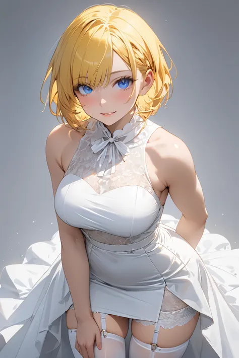 full body display,semi realistic, Masterpiece, Master work, perfect , 4k, 1woman, medium size breast, short hair, middle parted hair style, yellow colored hair, bright blue eyes, cool expression face, wearing formal white dress, short pencil skirt, wearing...