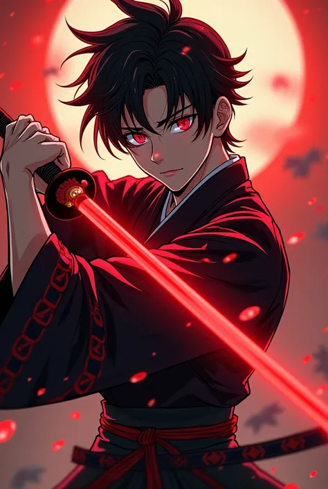 Manga movie with hair with a little bit of black, red eyes, red eyes, a luminous red katana, a black and red kimono in a Japanese background and gender boy