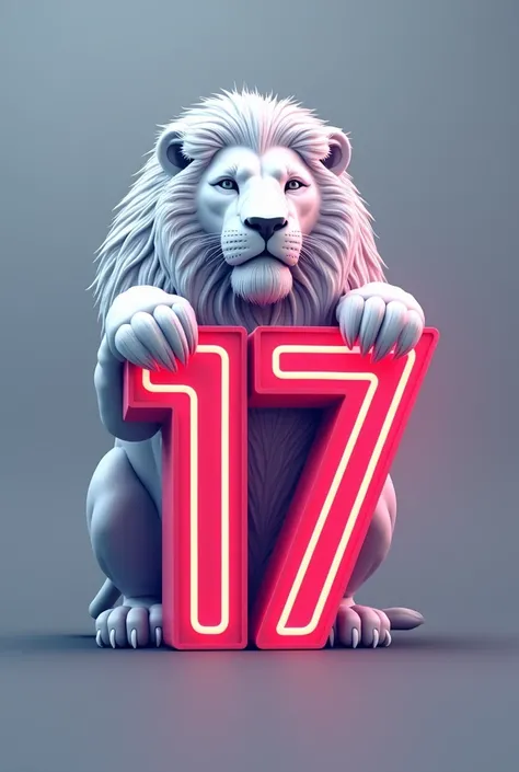  Make me a logo that includes only 2 elements :  a number 17 and an imposing lion that looks pretty but strong, What is white ,  17 with 3d letters and uses a neon style in the number ,  the strong but attractive lion . That the number is in a font that lo...