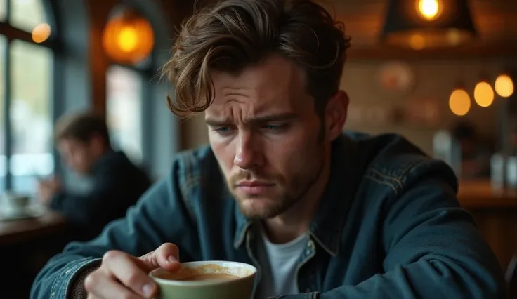 real image of a young white man crying face in a coffee shop