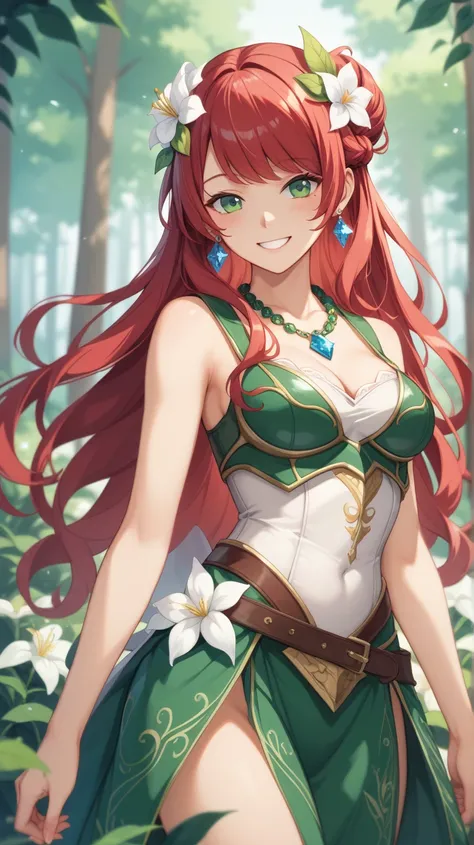 solo、２０Generation of women、Adventurer、Summoner、（（（Red Hair））） loose wavy long hair、Neo Sovage、Big Green Eyes 、Seems calm、Smile easyly 、White flower decoration on both sides of the head、 Edelweiss Hair Ornament 、Gemstone Earrings、 JEWEL NECKLACE 、 scrape up...