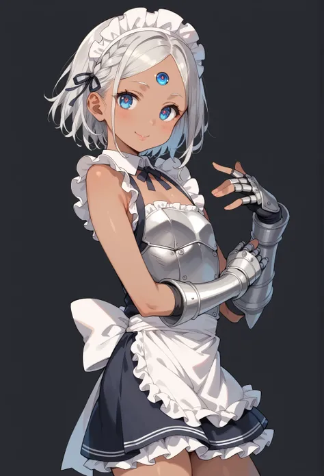 detail hand, Metal Gauntlets, breast armor, detail armor, flat chest, score_9, score_8_up, score_7_up, Anime Style, Cowboy Shot, cute, seductive, innocent, Shyness smile:0.3, plump lips, (dark skin:1.3), Third eye on forehead, slender body, silver hair, pa...