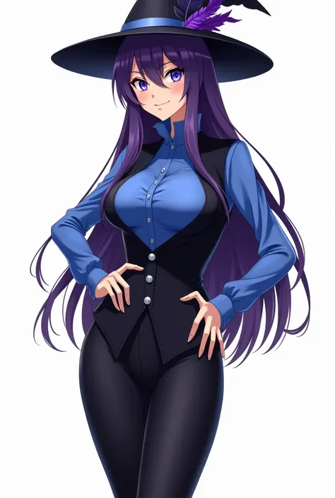 anime character design, (full body) (front view and rear view) (voluptuous body), Krystal is a powerful anime style mage with an imposing and seductive presence. She has long, straight, deep purple hair, which normally covers her left eye. Her eyes are sap...