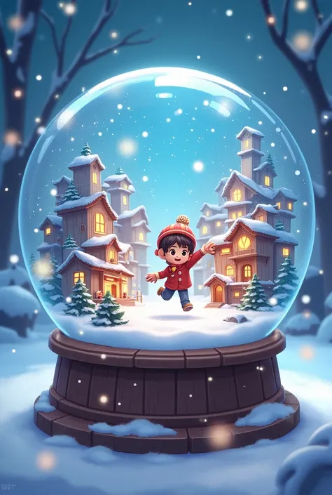 A cheerful snow globe holding a decorated town with ren playing in the snow, all surrounded by glittering flakes and an abstract blue light-filled background."