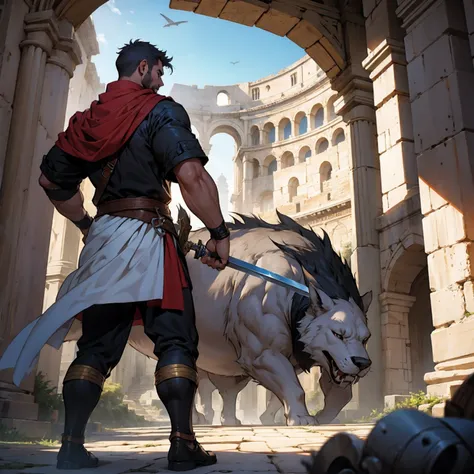  A man seen from behind ,men ahead ,armados con swords y achas,sword, Roman coliseum seen from the inside, giant and colossal 