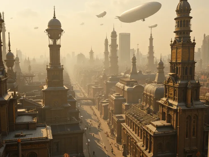 A landscape of Victorian steampunk London, with Steampunk airships flying in the background