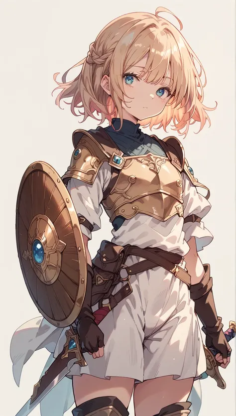 whole body, young adventurer ,  femboy,  Medium Hair , Light Armor, One-handed sword, Round Shield,  very detailed,  complicated,fantasy,(simple background:1.3)