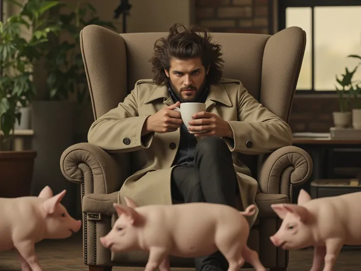 Werewolf＿ Beast Man＿ trench coat、Sit on a chair and drink coffee、 gentle expression、A mini pig is walking、4 mini pigs、live-action、 real