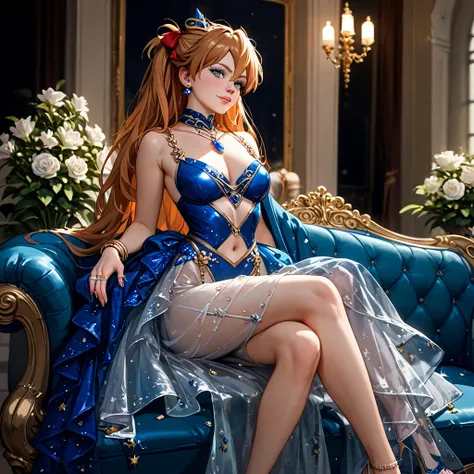 (( top quality)), ((masterpiece)), ( Details), （ perfect face）、The woman tied her hair in a nocturnal roll by Soryu Asuka Langley, wears a gorgeous, flashy see-through party dress, wears gorgeous jewellery accessories, wears a gorgeous furry cape, and happ...