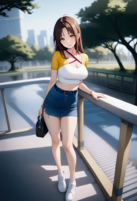 pretty woman, touching footbridge s railing, city park, (+forehead, brown hair), wears crop shirt (+yellow shirt, white short stretch sleeves, slit sleeves shirt, round neck shirt), denim pencil mini skirt (+blue belt), white sneakers, black crossbody bag,...