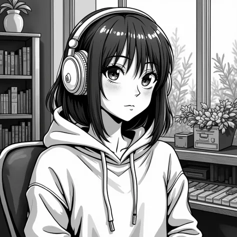 CD jacket illustration. American comic style.
Cool girl wearing headphones in an inorganic room A girl in an inorganic room made up of monochrome black and white. Wearing a baggy hoodie and headphones , he is immersed in music . The gaze is slightly turned...