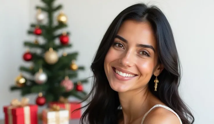 beautiful, cheerful, Italian woman, smiling, white skin, black hair, long hair, light brown eyes, realistic photo, high definition. wearing gold earring. White background, with 01 Christmas tree, gifts.
