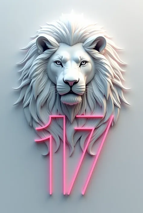  Make me a logo that includes only 2 elements :  a number 17 and an imposing lion that looks pretty but strong, white,  17 with 3d letters and uses a neon style in the number ,  the strong but attractive lion .