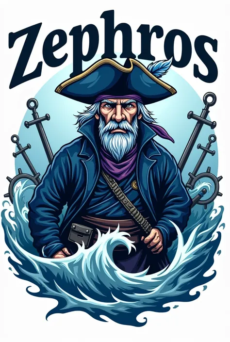 Make me a logo that says ZEPHROS with a pirate theme in shades of blue 