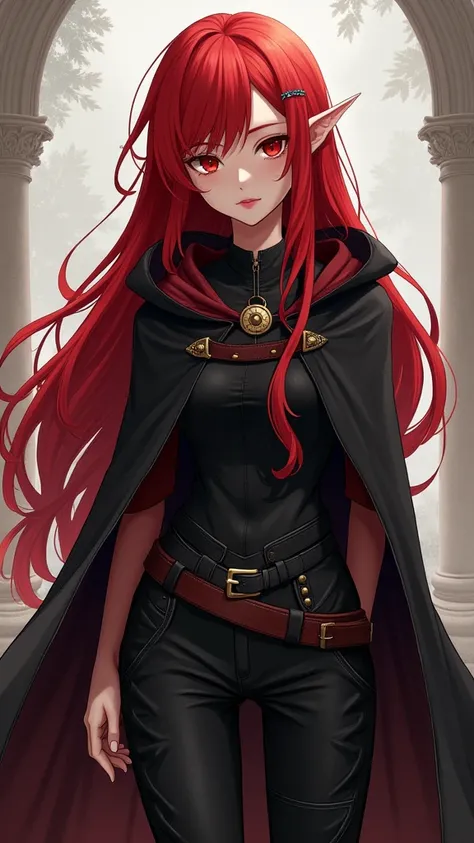 (work of art, Maximum quality, best qualityer, offcial art, beautiful and aesthetic:1.2) Anime Rebel Female Elf, Long Red Hair, Red Eyes, Wearing Black Cloak, Black Pants.