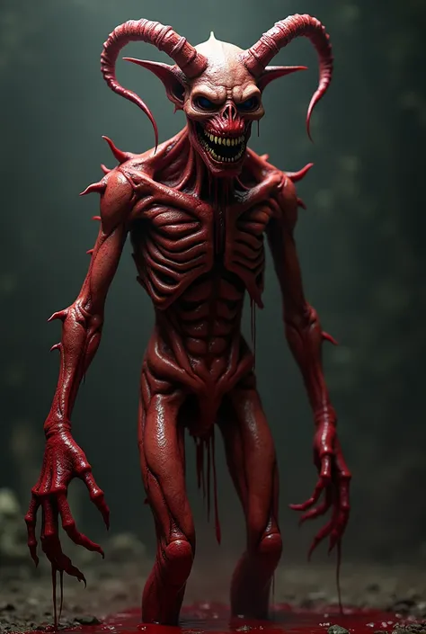 Red creature with black veins body dripping a lot of blood, Horns and a Macabre Smile terror 