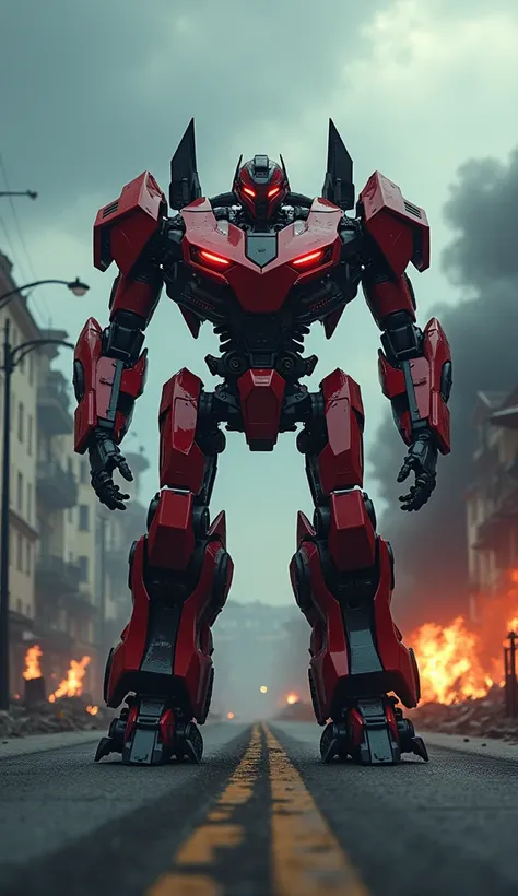 Create an image of the war-modified car from the previous scene transforming into a powerful war robot, ready for battle. The robot retains the striking combination of red and black colors and the menacing appearance of the car. The transformation takes pl...