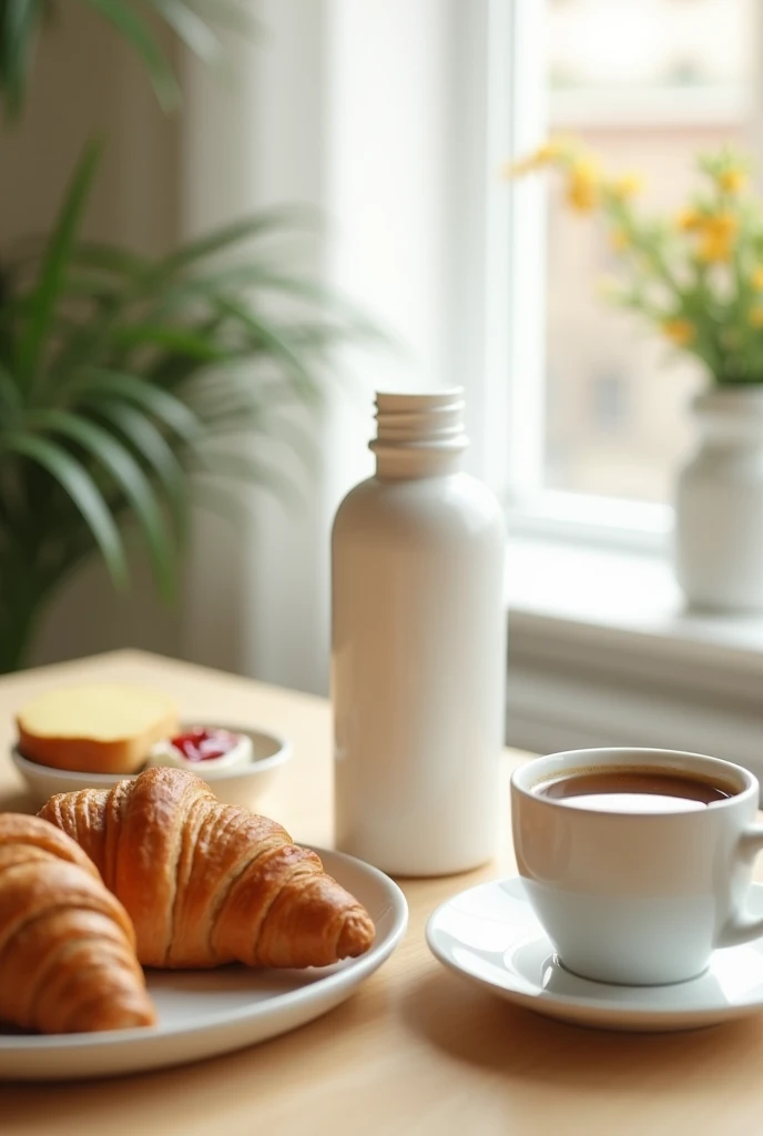 A clean, white dietary supplement bottle (unlabeled, approximately 10 cm in height and 5 cm in width) with a screw-on lid, is placed on a light wooden table. Surrounding the bottle are a plate of fresh croissants, a steaming cup of coffee, and a small dish...